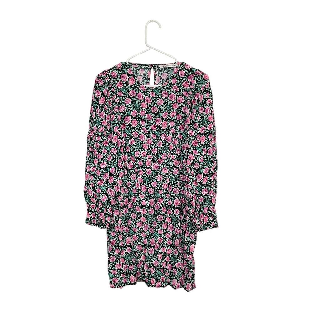 Zara Floral Balloon Long Sleeve Mini Dress Size Small Roses Cottagecore - Picture 2 of 8